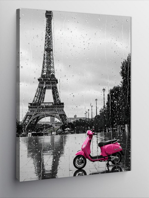 Kanvas Tablo Eyfel Kulesi Ve Yağmurda Pembe Motosiklet