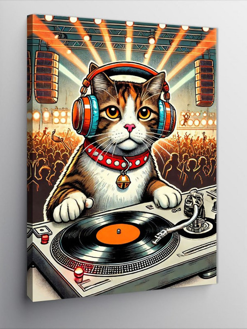 Kanvas Tablo Kulaklık Takmış Dj Kedi