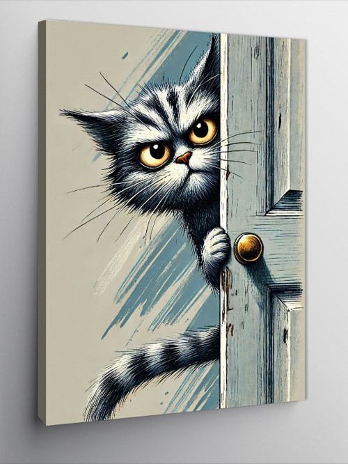 Kanvas Tablo Kapıyı Aralayan Meraklı Kedi