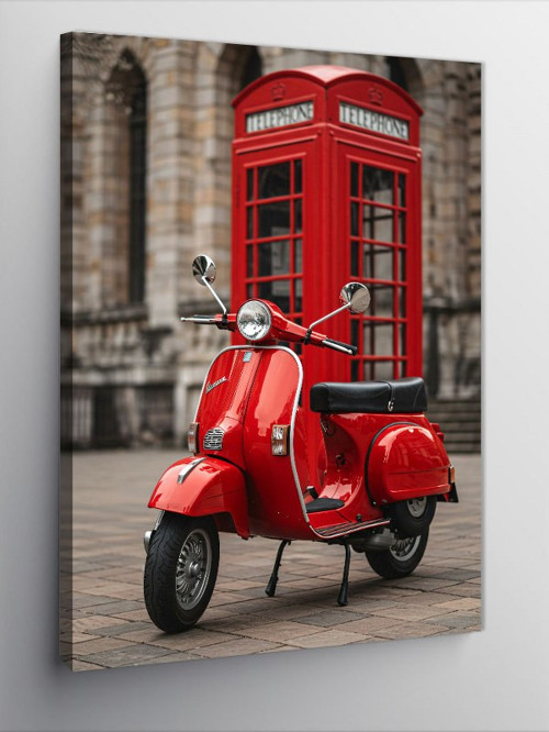 Kanvas Tablo Kırmızı Motosiklet Ve Telefon Kulübesi