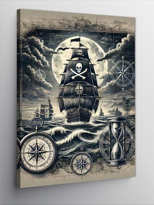 Kanvas Tablo Korsan Gemisi Ve Deniz Motifi