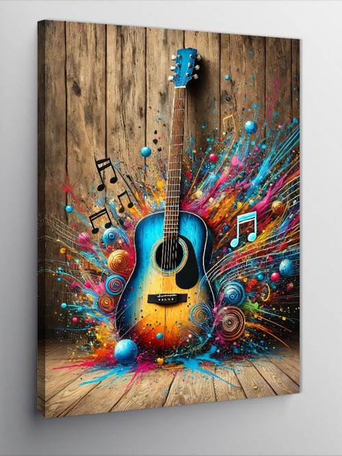 Kanvas Tablo Renk Patlamasıyla Akustik Gitar