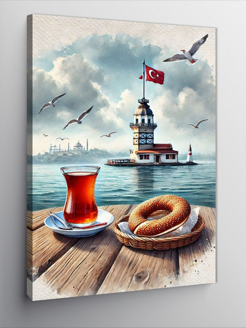 Kanvas Tablo Kız Kulesi Ve Çay Bardağı