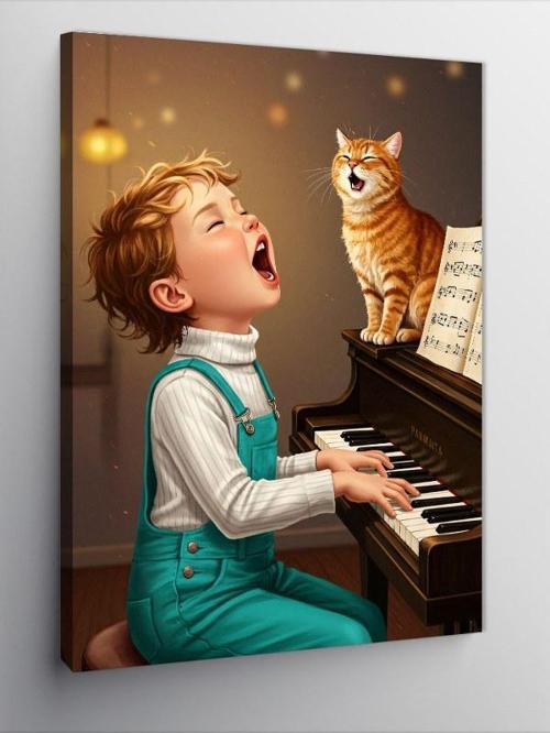 Kanvas Tablo Piyano Çalan Çocuk Ve Kedi