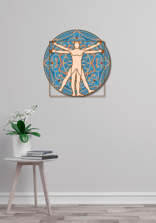 El Yapımı Üç Boyutlu Ahşap Mandala Vitruvian Man Sembolü