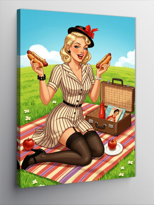 Kanvas Tablo Piknikte Retro Kadın