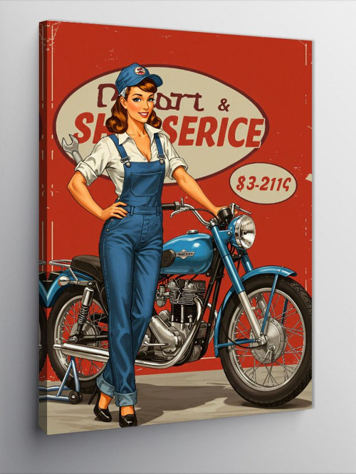Kanvas Tablo Retro Tamirci Kadın Ve Motosiklet