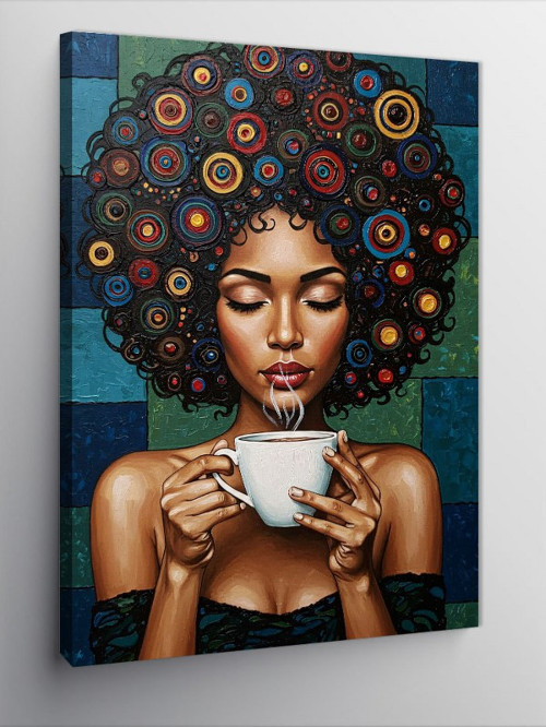 Kanvas Tablo Kahve İçen Afro Kadın