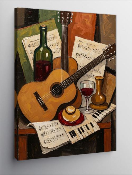 Kanvas Tablo Müzik, Şarap Ve Gitar