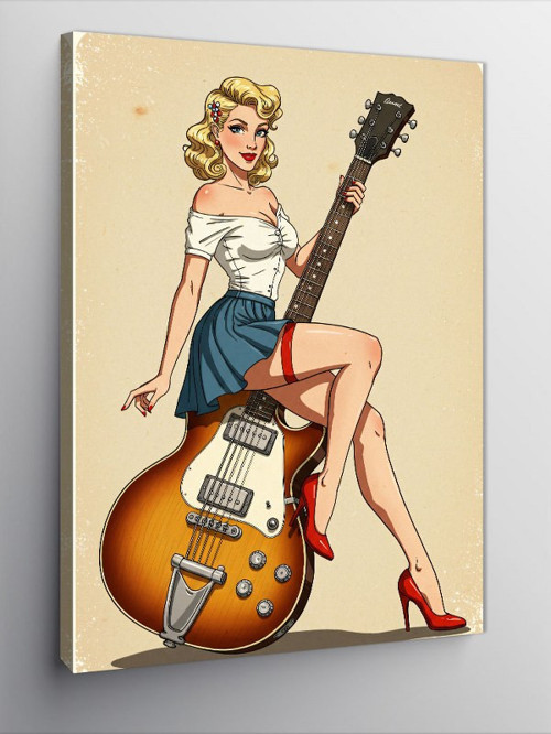 Kanvas Tablo Retro Kadın Ve Elektro Gitar