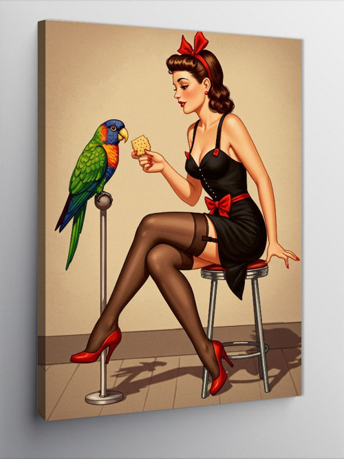 Kanvas Tablo Papağanlı Pin-Up Kadın