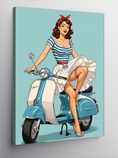 Kanvas Tablo Retro Kadın Ve Scooter