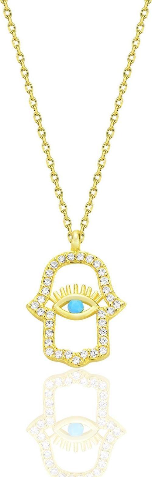 Gümüş altın yaldızlı turkuaz ve zirkon taşlı koruyucu hamsa el kolye [barcode]