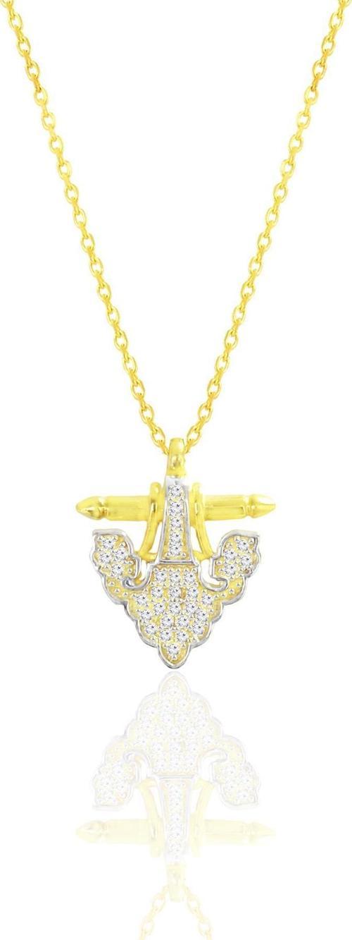 Gümüş altın yaldızlı zirkon taşlı fleur de lis (Zambak) kolye [barcode]