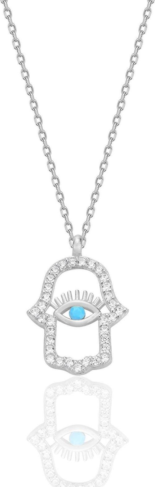 Gümüş rodyumlu turkuaz ve zirkon taşlı koruyucu hamsa el kolye [barcode]