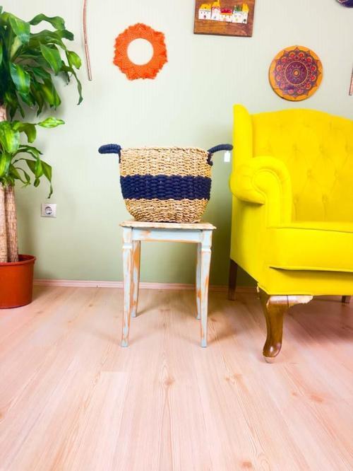 Düzenleyici Kulplu Siyah Şeritli Doğal Örgü Sepet Büyük