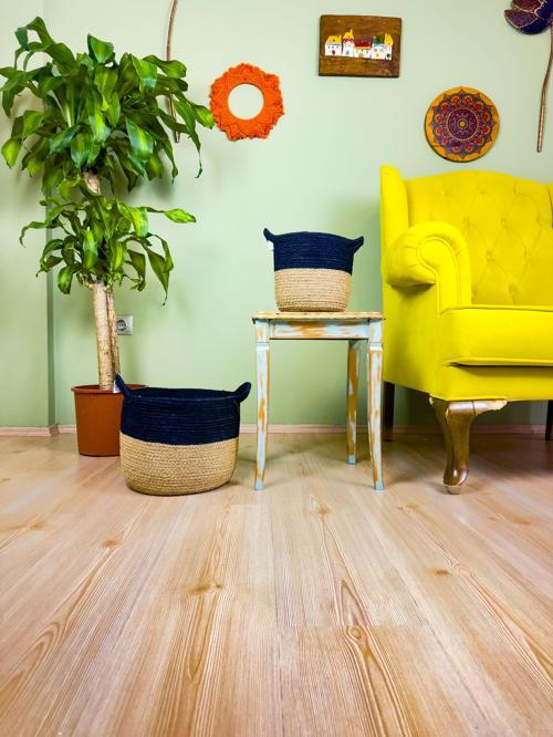 Düzenleyici Kulplu Üstü Siyah Şeritli Doğal Örgü Sepet İkili Set Büyük-Küçük