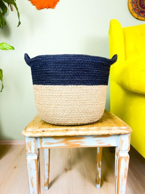 Düzenleyici Kulplu Üstü Siyah Şeritli Doğal Örgü Sepet Orta