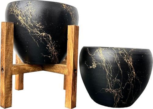  Siyah Üzeri Gold Mermer Efektli Toprak Saksı Saksılık Salon Çiçeklik İkili Set Ayaksız -4 Ayaklı-15 Cm