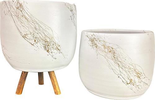 Beyaz Üzeri Gold Mermer efekt Toprak Saksı Saksılık Salon Çiçeklik İkili Set Ayaksız -3 Ayaklı 19 CM