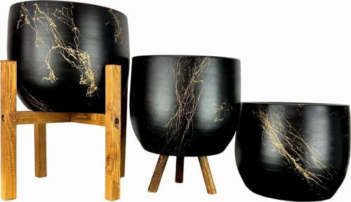 Ev Dekorasyon Aksesuar Siyah Üzeri Gold Mermer Efektli Toprak Saksı Saksılık Salon Çiçeklik Üçlü Set- 19