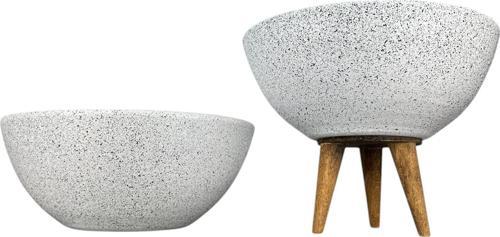 Ev Dekorasyon Beyaz Granit Aranjman Sunumluk Toprak Saksı Ayaksız Ve 3 Ayaklı İkili Set 20 Cm Çap