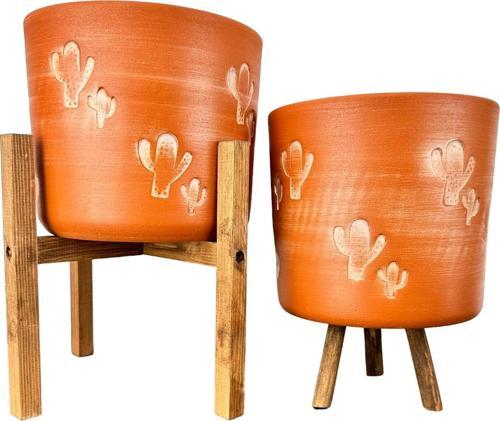 Kaktüs Desenli Toprak Saksı Saksılık Salon Çiçeklik İkili Set 3 Ayaklı- 4 Ayaklı- 19 CM