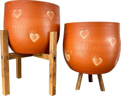 Kalp Desenli Toprak Saksı Saksılık Salon Çiçeklik İkili Set 3 Ayaklı- 4 Ayaklı- 19 CM