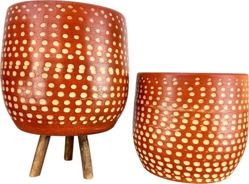 Beyaz Nokta Desenli Toprak Saksı Saksılık Salon Çiçeklik İkili Set Ayaksız - 3 Ayaklı- 19 CM