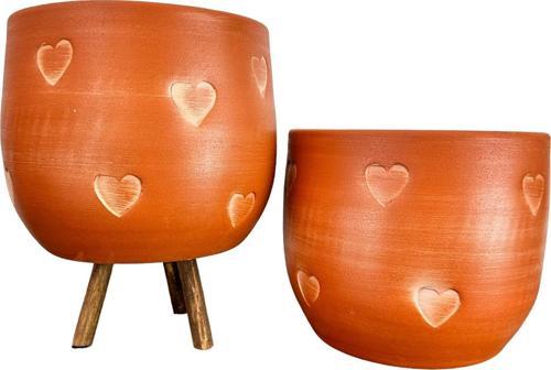 Kalp Desenli Toprak Saksı Saksılık Salon Çiçeklik İkili Set Ayaksız - 3 Ayaklı- 19 CM