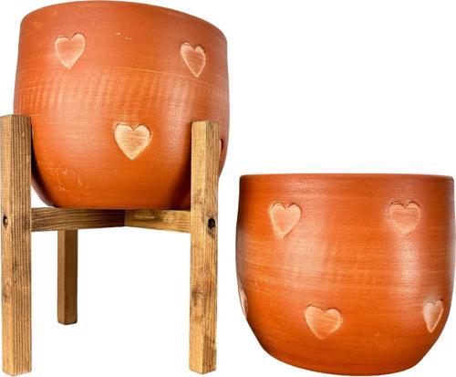 Kalp Desenli Toprak Saksı Saksılık Salon Çiçeklik İkili Set Ayaksız - 4 Ayaklı- 19 CM