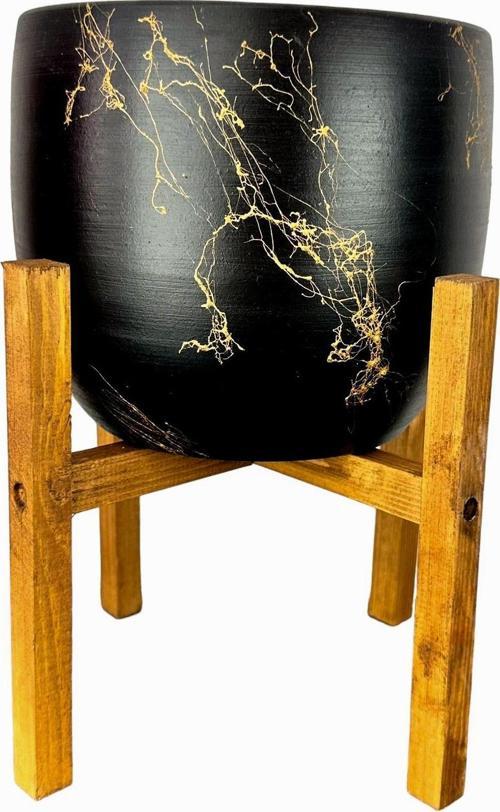 Siyah Üzeri Gold Mermer Efektli Toprak Saksı Saksılık Salon Çiçeklik 4 Ayaklı - 19 CM