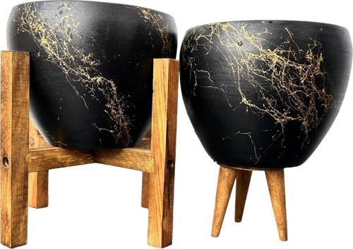 Siyah Üzeri Gold Mermer Efektli Toprak Saksı Saksılık Salon Çiçeklik İkili Set 3 Ayaklı- 4 Ayaklı- 15 Cm