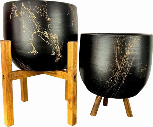 Siyah Üzeri Gold Mermer Efektli Toprak Saksı Saksılık Salon Çiçeklik İkili Set 3 Ayaklı- 4 Ayaklı- 19 CM