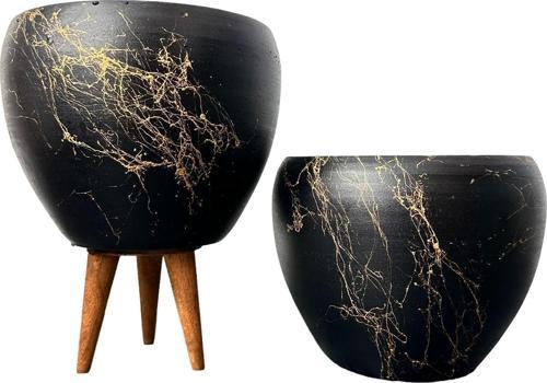 Siyah Üzeri Gold Mermer Efektli Toprak Saksı Saksılık Salon Çiçeklik İkili Set Ayaksız - 3 Ayaklı- 15 Cm