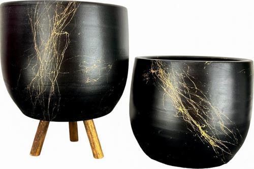 Siyah Üzeri Gold Mermer Efektli Toprak Saksı Saksılık Salon Çiçeklik İkili Set Ayaksız - 3 Ayaklı- 19 CM