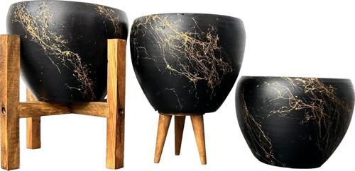 Siyah Üzeri Gold Mermer Efektli Toprak Saksı Saksılık Salon Çiçeklik Üçlü Set - 15 Cm