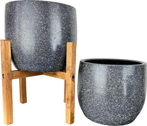 Gri Granit Toprak Saksı Saksılık Salon Çiçeklik İkili Set Ayaksız - 4 Ayaklı- 19 CM