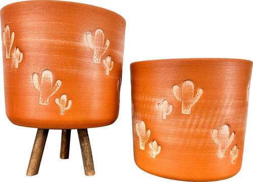 Kaktüs Desenli Toprak Saksı Saksılık Salon Çiçeklik İkili Set Ayaksız - 3 Ayaklı- 19 CM