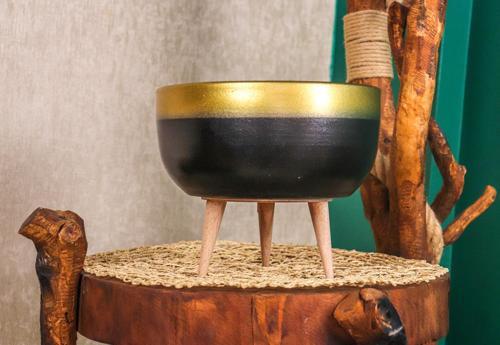 Ev Dekorasyon Gold Şeritli Siyah Aranjmanlık Sunumluk Bonzai Terracota Toprak Saksı 3 Ayaklı