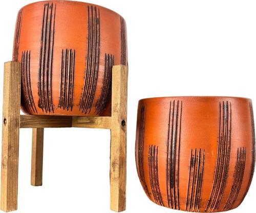 Siyah Çizgi Desenli Toprak Saksı Saksılık Salon Çiçeklik İkili Set Ayaksız - 4 Ayaklı- 19 CM