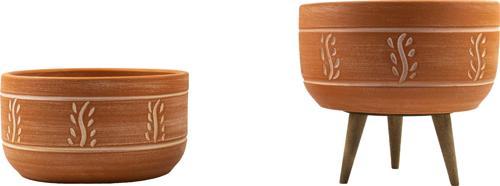 Terakota Nakış Desenli Toprak Aranjman ve Bonzai Saksı Ayaksız ve 3 Ayaklı İkili Set