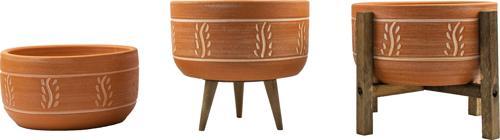 Terakota Nakış Desenli Toprak Aranjman ve Bonzai Saksı Üçlü Set