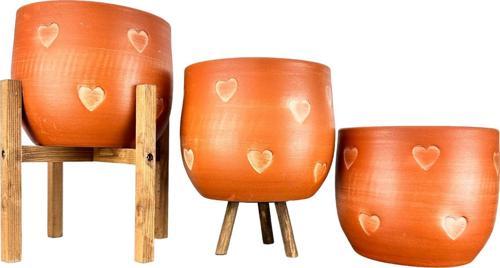 Aksesuar Kalp Desenli Toprak Saksı Saksılık Salon Çiçeklik Üçlü Set - 19 CM