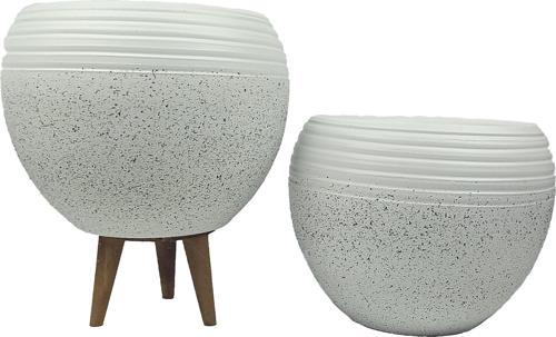 Beyaz Granit Küp Saksı Saksılık Salon Çiçeklik İkili Set (3 Ayaklı-Ayaksız)