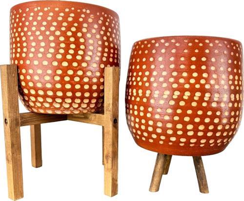 Beyaz Nokta Desenli Toprak Saksı Saksılık Salon Çiçeklik İkili Set 3 Ayaklı- 4 Ayaklı- 19 CM