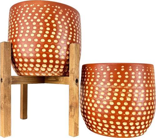 Beyaz Nokta Desenli Toprak Saksı Saksılık Salon Çiçeklik İkili Set Ayaksız - 4 Ayaklı- 19 CM