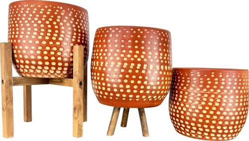 Beyaz Nokta Desenli Toprak Saksı Saksılık Salon Çiçeklik Üçlü Set - 19 CM