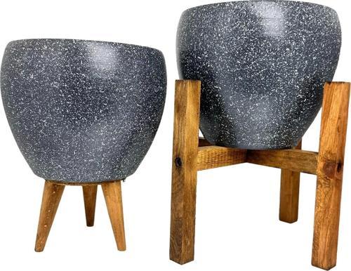 Gri Granit Toprak Saksı Saksılık Salon Çiçeklik İkili Set 3 Ayaklı- 4 Ayaklı- 15 CM