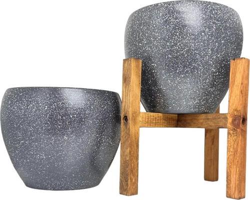 Gri Granit Toprak Saksı Saksılık Salon Çiçeklik İkili Set Ayaksız - 4 Ayaklı- 15 CM